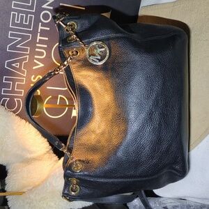 Michael Kors Black Leather Shoulder Bag with Gold Accents